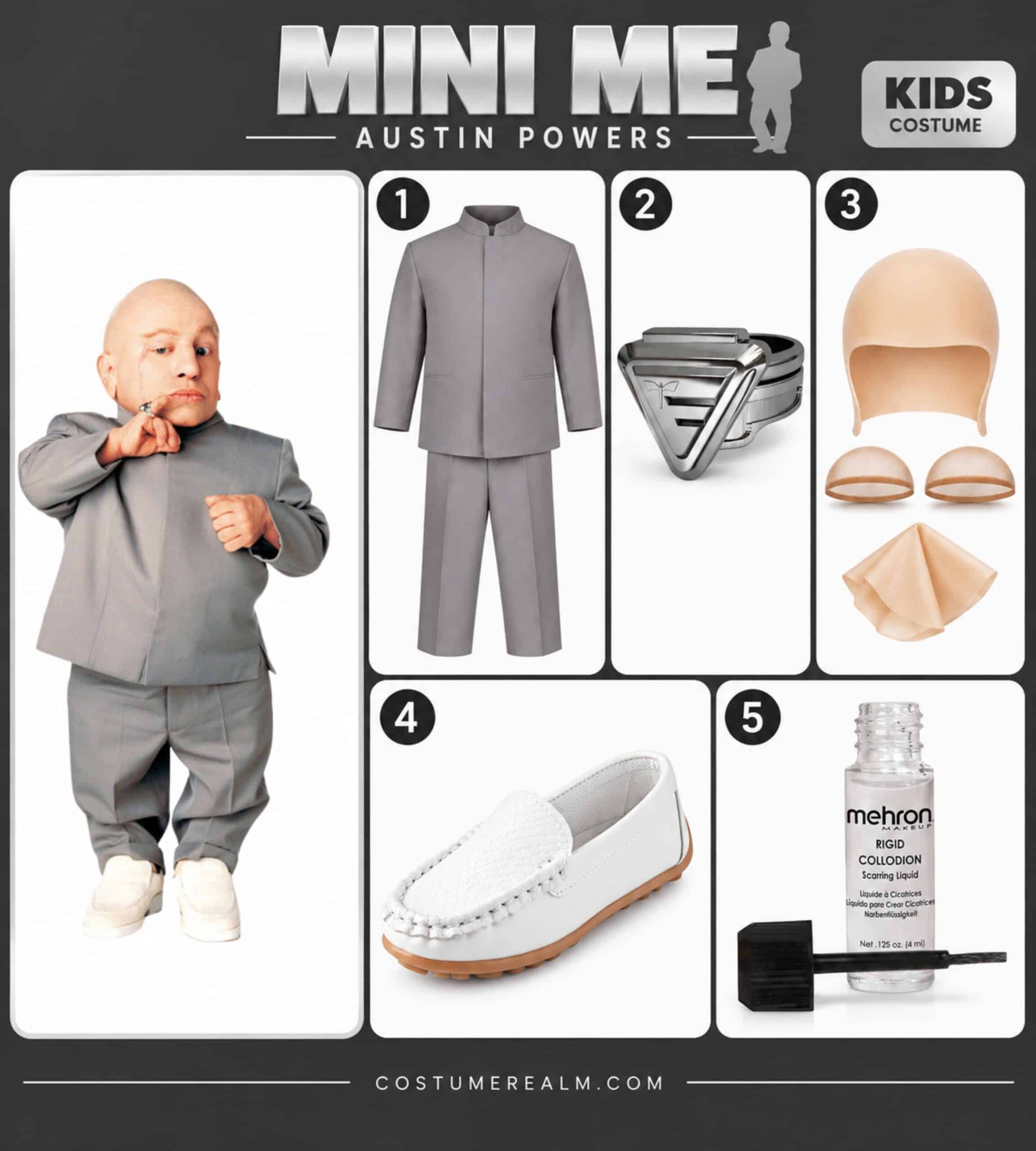 Mini Me from Austin Powers Halloween costume infographic showing grey Nehru-collar suit, latex bald cap, Dr. Evil pinky ring, white slip-on loafers, and scarring liquid