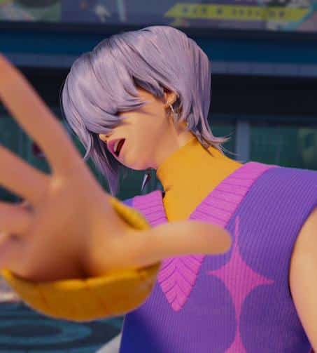 Mystery Saja from KPop Demon Hunters in a performance pose wearing his purple wig and starburst sweater vest, reference for the Halloween costume