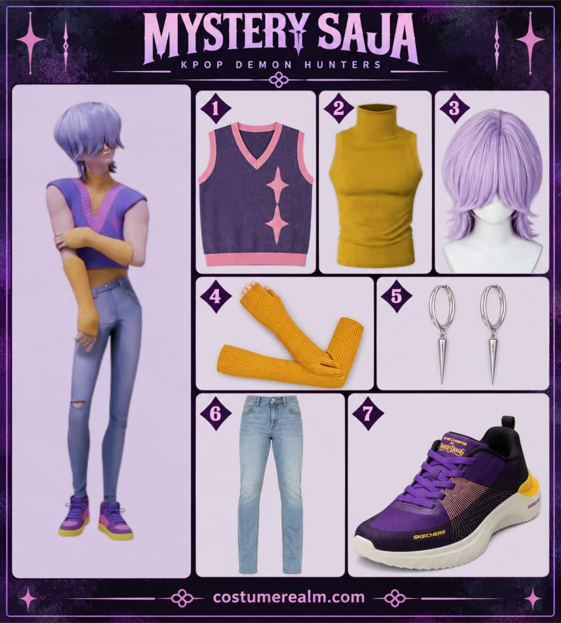 Mystery Saja from KPop Demon Hunters Halloween costume infographic showing purple starburst sweater vest, mustard yellow turtleneck, purple wig, yellow arm warmers, silver earrings, light wash jeans, and purple sneakers
