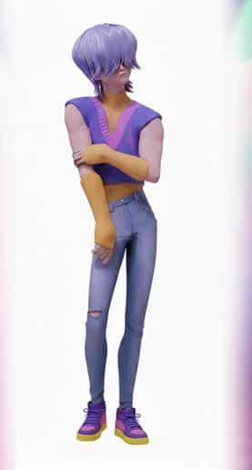 Mystery Saja from KPop Demon Hunters standing in his purple starburst sweater vest and mustard yellow turtleneck, reference for the Halloween costume