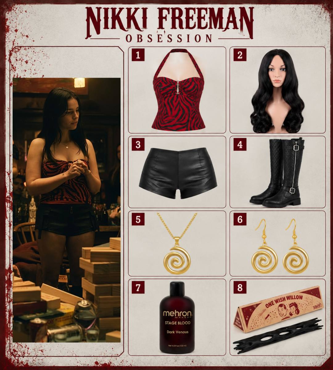Nikki Freeman from Obsession Halloween costume infographic showing red and black zebra halter top, black wig, leather shorts, riding boots, spiral necklace and earrings, fake blood, and One Wish Willow prop