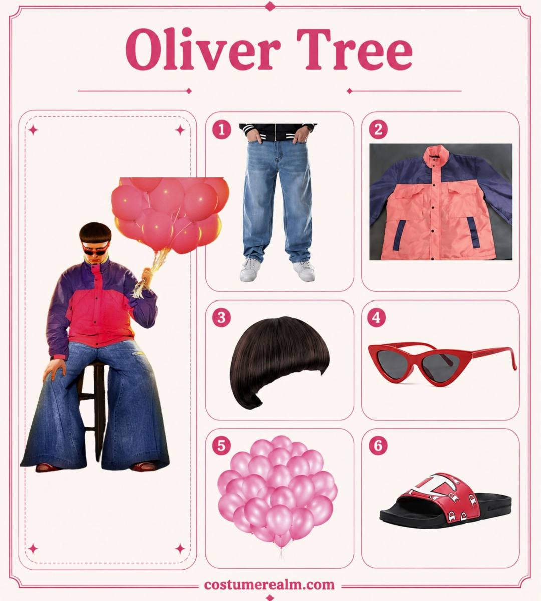 Oliver Tree Turbo persona Halloween costume infographic showing oversized windbreaker jacket, baggy jeans, black bowl-cut wig, cat-eye sunglasses, pink balloon, and Champion slides