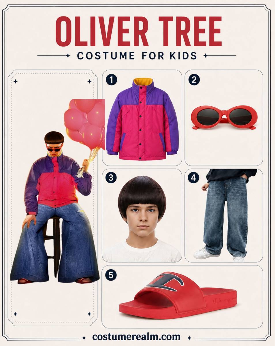 Oliver Tree kids Halloween costume infographic showing pink and purple color-blocked ski jacket, red oval sunglasses, dark brown bowl cut wig, light wash baggy jeans, and red slide sandals