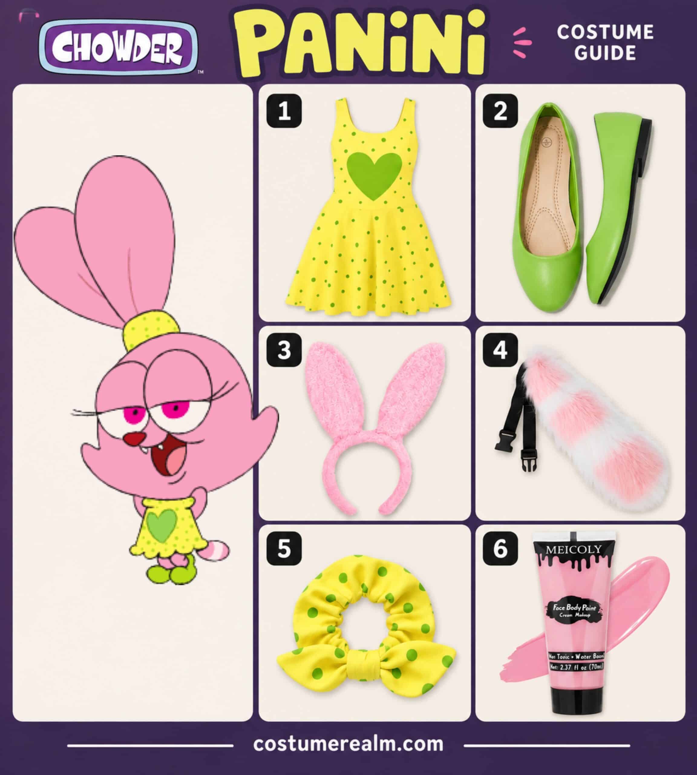 Panini from Chowder Halloween costume infographic showing yellow polka dot skater dress, pink bunny ear headband, lime green ballet flats, pink and white faux fur tail, yellow scrunchie, and pink face paint