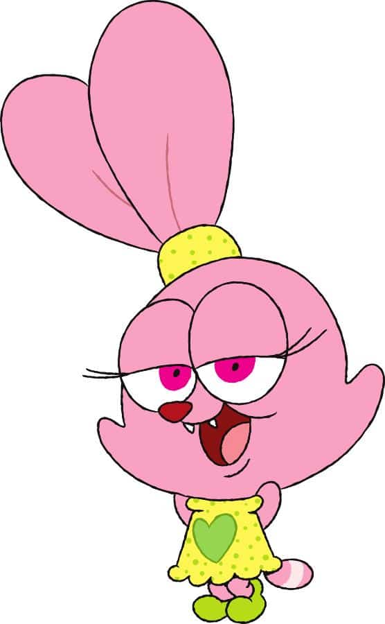 Panini from Chowder standing pose showing her pink bunny ears, yellow polka dot dress with green heart, and lime green shoes