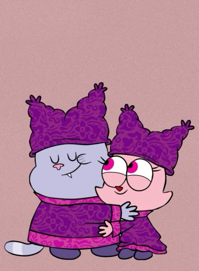 Panini and Chowder standing together in matching purple and pink outfits, reference image for a Panini and Chowder Halloween costume duo