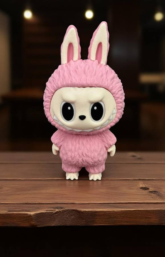 Pink Labubu figure, a common colorway used for group costume pairings with the brown version