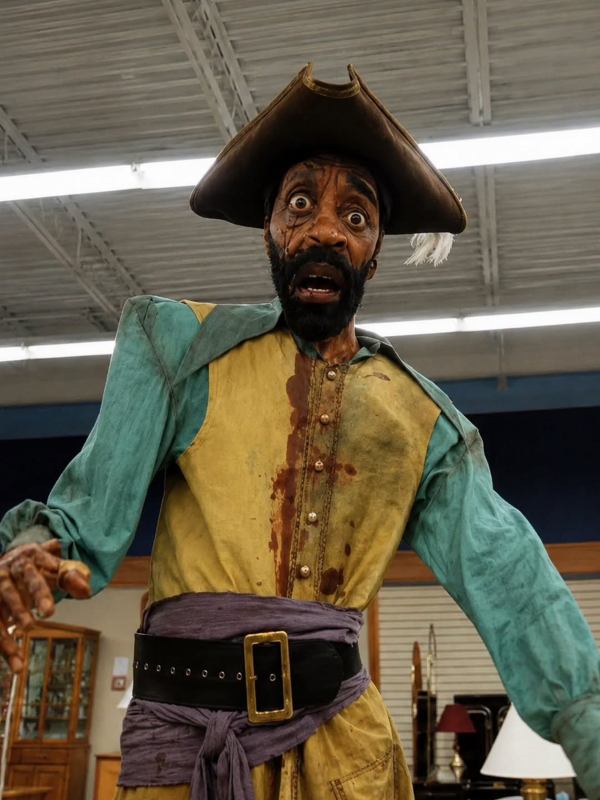 Pirate Clark from Backrooms wearing a mustard yellow vest, mint green shirt, and distressed tricorn hat with a purple waist sash and black belt, full costume reference