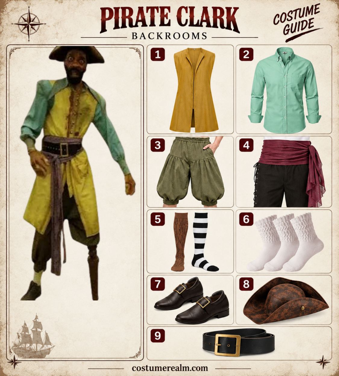 Pirate Clark from Backrooms Halloween costume infographic showing mustard yellow vest, mint green long-sleeve shirt, olive breeches, purple waist sash, wood-grain mismatched socks, white slouch socks, buckle shoes, tricorn hat, and black belt