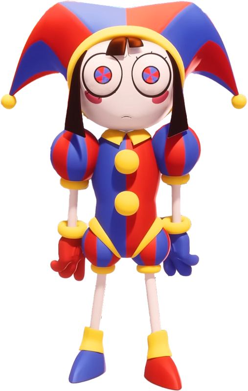 2D illustration of Pomni from The Amazing Digital Circus in her red and blue jester costume, reference for the Halloween costume