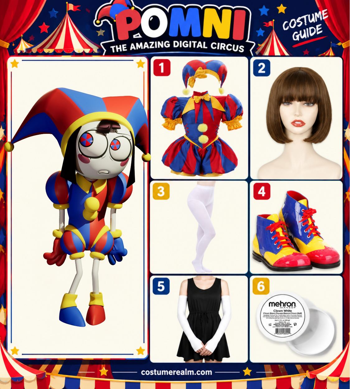 Pomni from The Amazing Digital Circus Halloween costume infographic showing red and blue jester jumpsuit with hat, brunette bob wig, white tights, colorblock ankle boots, white gloves, and clown white face makeup