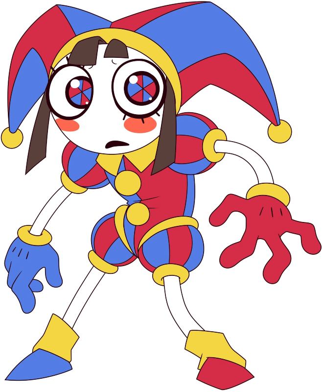 Pomni from The Amazing Digital Circus in a timid, hunched pose wearing her red and blue jester costume, reference for the Halloween costume