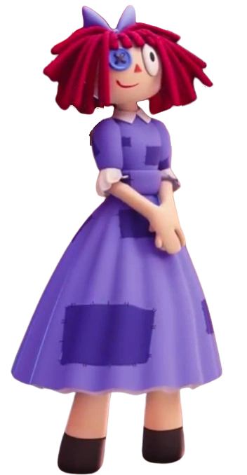 Ragatha from The Amazing Digital Circus with her hands clasped, reference for the purple dress and braids of the Halloween costume