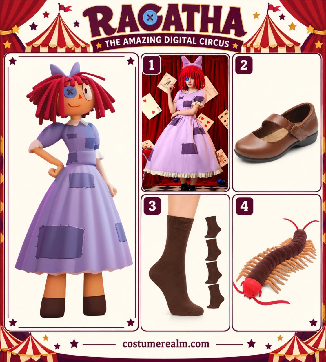 Ragatha from The Amazing Digital Circus Halloween costume infographic showing the purple patchwork dress set, brown Mary Jane flats, dark brown ankle socks, and plush centipede prop