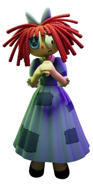 Ragatha from The Amazing Digital Circus in a nervous pose wearing her purple patchwork dress, reference for the Halloween costume