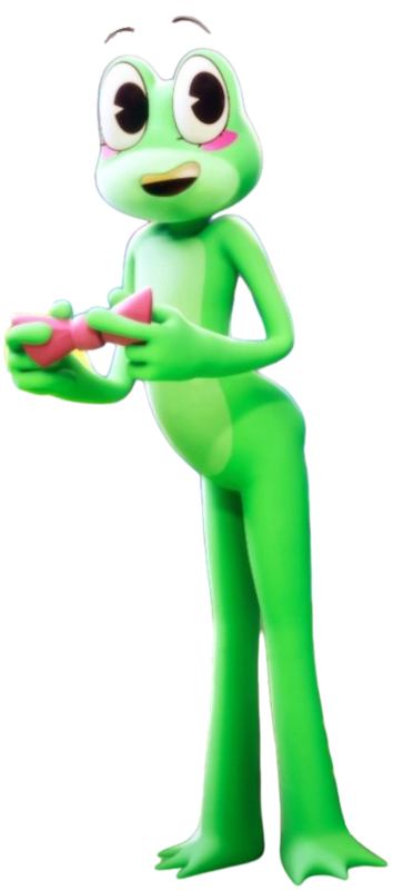 Ribbit from The Amazing Digital Circus standing as a green frog and holding a pink bow tie, reference for the Halloween costume