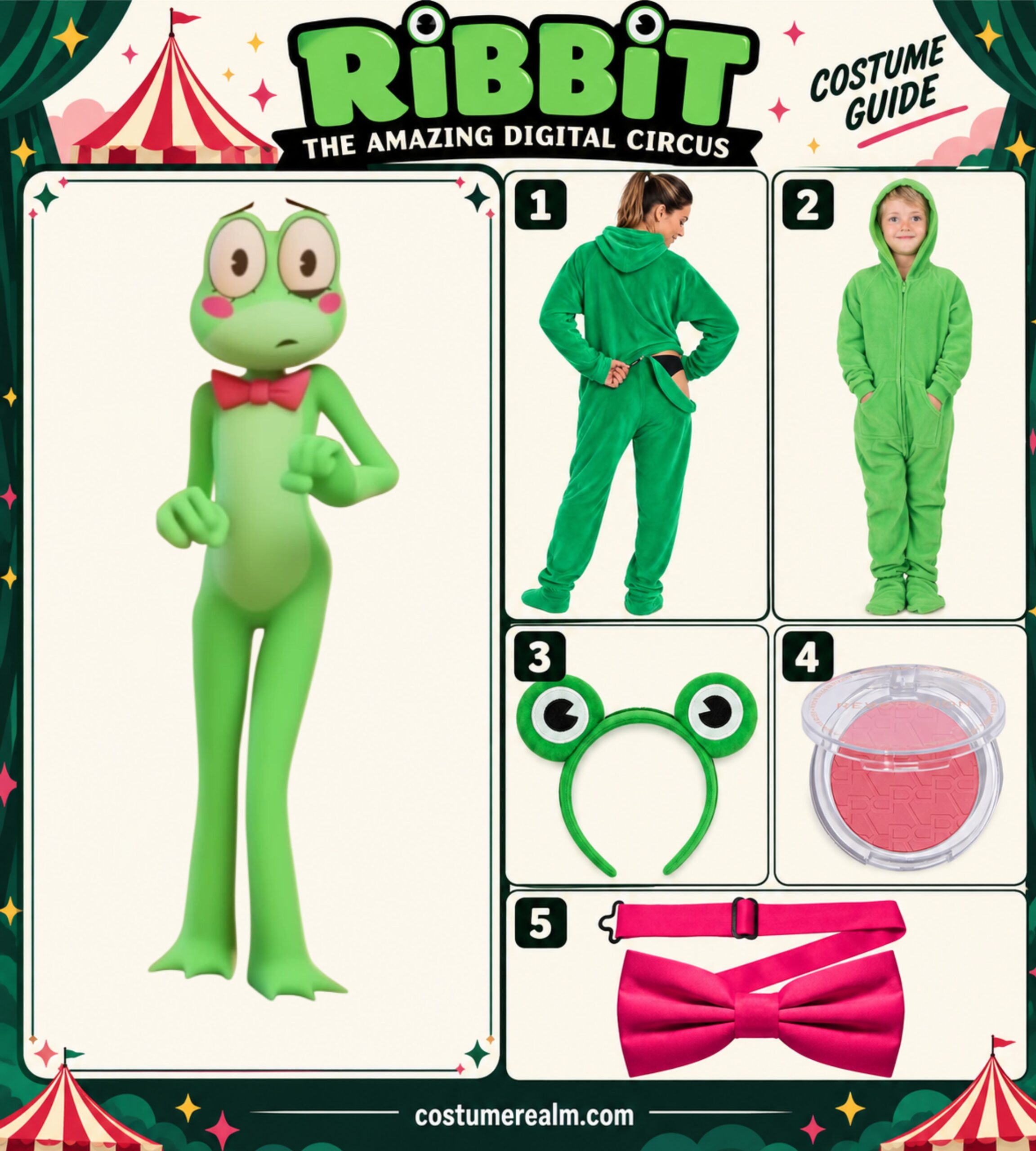 Ribbit from The Amazing Digital Circus Halloween costume infographic showing a green fleece onesie, plush frog eyes headband, rosy pink blush, and hot pink bow tie