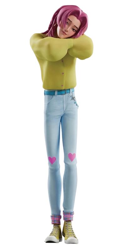 Romance Saja from KPop Demon Hunters posing with crossed arms in his pink wig and yellow shirt, reference image for the Halloween costume