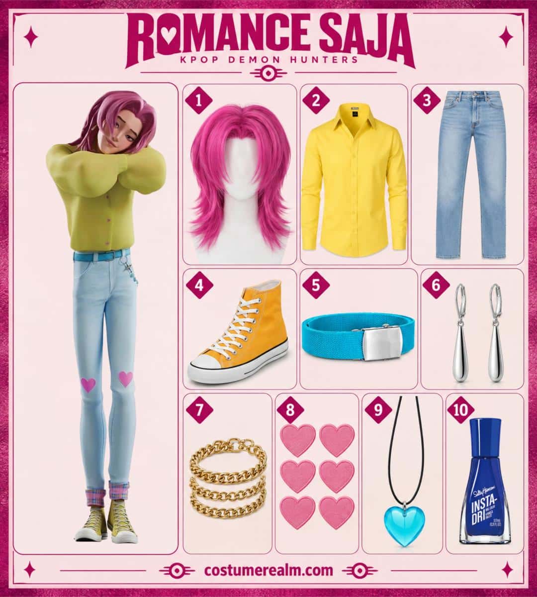 Romance Saja from KPop Demon Hunters Halloween costume infographic showing pink wig, yellow shirt, blue jeans, cyan belt, heart patches, and jewelry