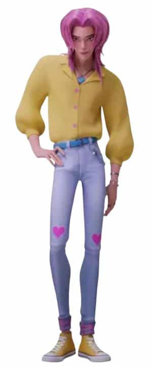 Romance Saja from KPop Demon Hunters standing in a pink wig, yellow shirt, and blue jeans with heart patches, reference for the Halloween costume
