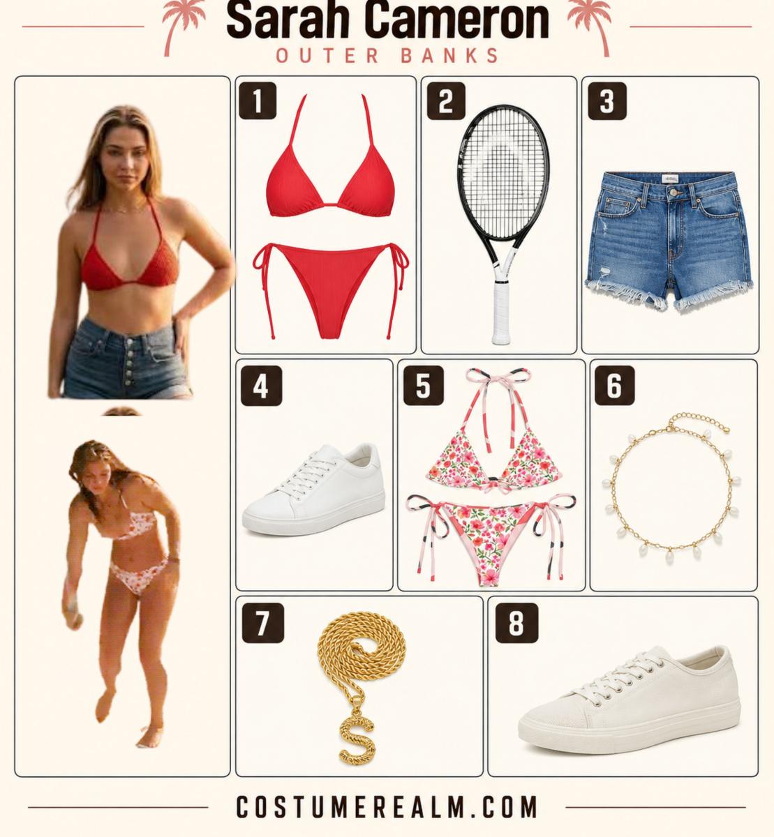 Sarah Cameron from Outer Banks bikini outfit flat lay showing red bikini set, tennis racquet, cut off jean shorts, sneakers, and floral bikini