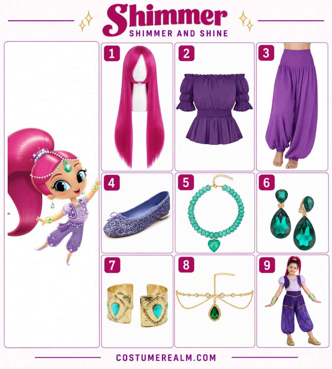 Shimmer from Shimmer and Shine Halloween costume infographic showing magenta pink cosplay wig, purple off-shoulder blouse, purple harem pants, gold jewelry, and pearl forehead headpiece