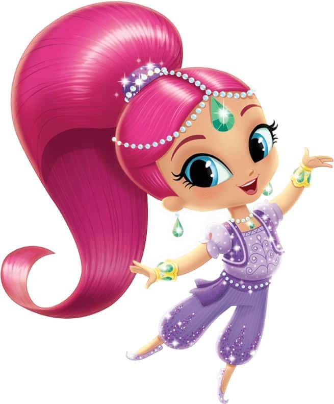 Shimmer from Shimmer and Shine reference image showing her purple genie outfit, pink hair, and gold jewelry in a dancing pose