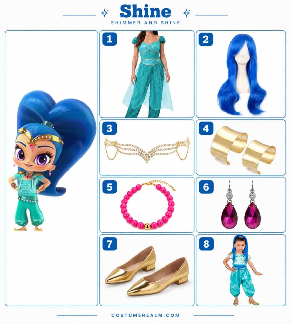Shine from Shimmer and Shine Halloween costume infographic showing turquoise genie jumpsuit, cobalt blue cosplay wig, gold jewelry, and pink beaded choker