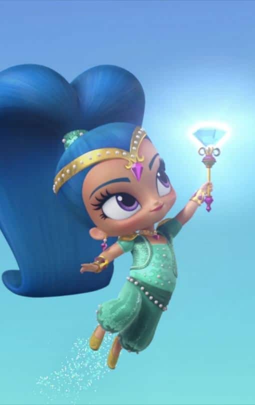 Shine from Shimmer and Shine reference image showing her turquoise genie outfit, blue hair, and gold jewelry holding a magic wand