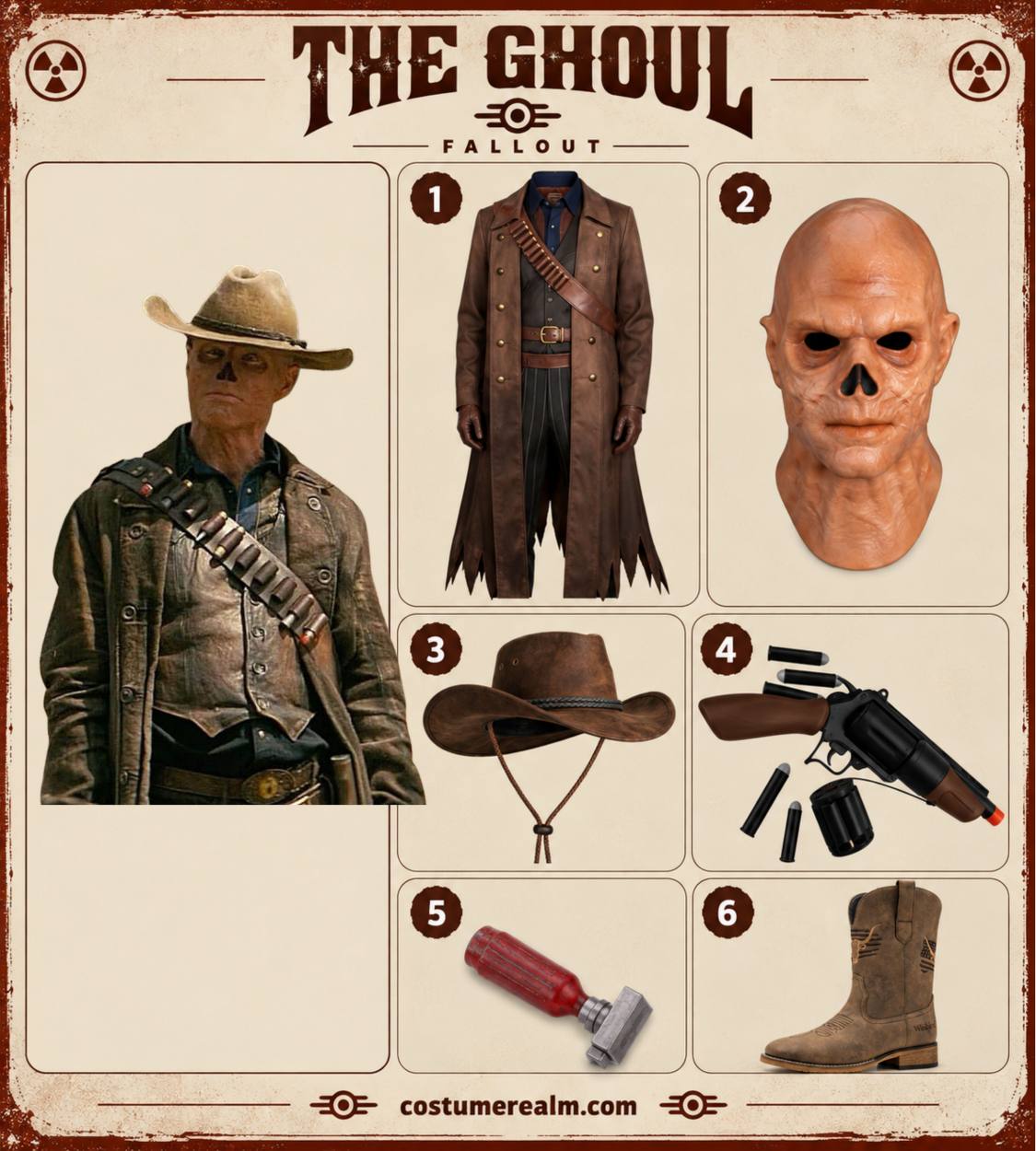 The Ghoul from Fallout Halloween costume infographic showing western duster coat outfit set, latex prosthetic mask, cowboy hat, revolver prop, serum inhaler, and leather boots