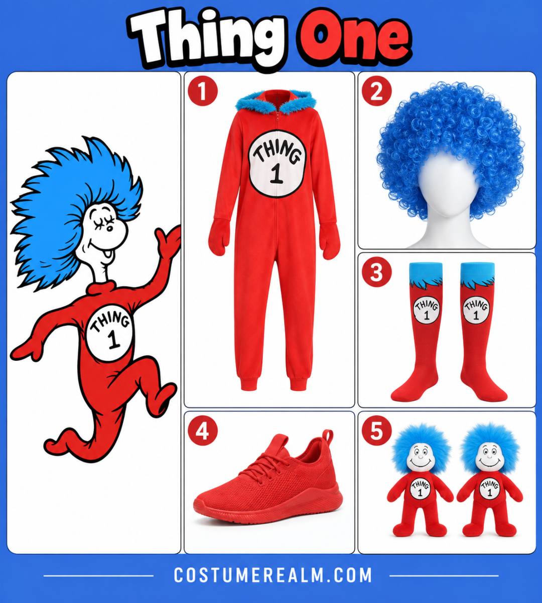 Thing One and Thing Two unisex Halloween costume infographic showing the adult red jumpsuit costume, blue afro wig, numbered socks, red sneakers, and plush toy prop laid out as a complete 5-piece couples build