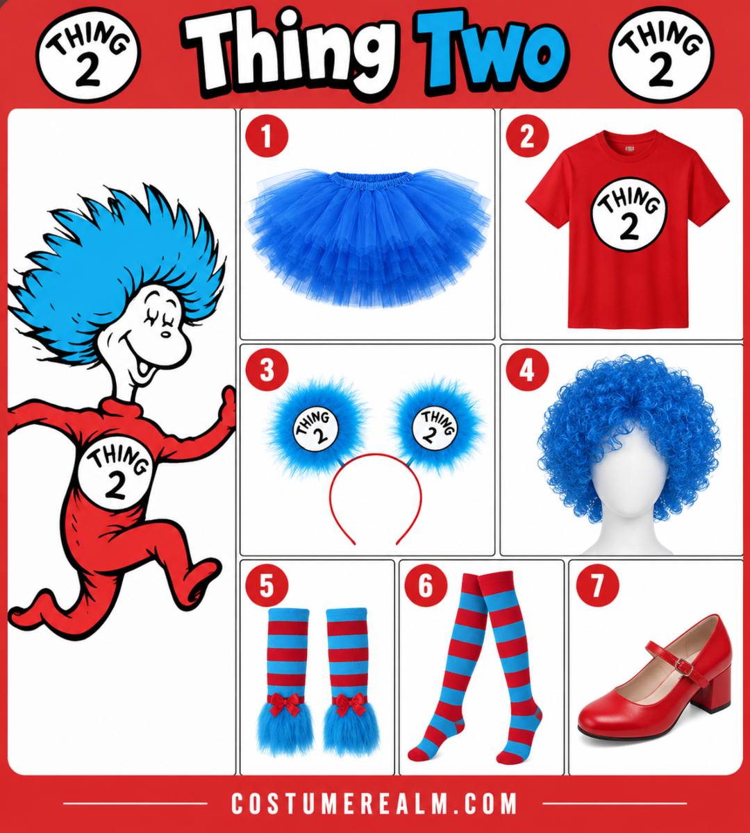 Thing One and Thing Two women's Halloween costume infographic showing blue tutu skirt, red numbered T-shirt, blue ponytail head bopper, blue afro wig, numbered glovettes, Thing One and Two socks, and red Mary Janes laid out as a complete 7-piece women's build