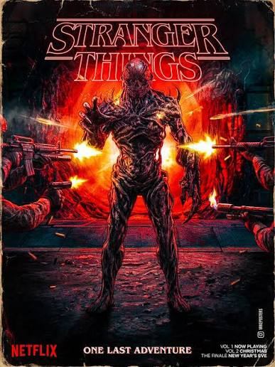 Stranger Things series finale poster featuring Vecna standing amid gunfire with the text One Last Adventure