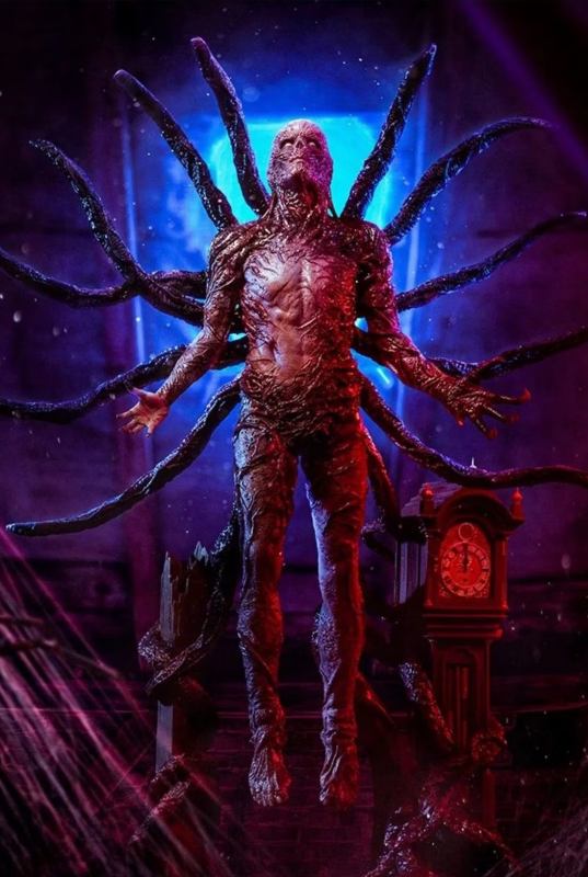 Vecna from Stranger Things in his signature floating pose with vine-like limbs extended, full costume reference showing the muscle and vine-textured jumpsuit