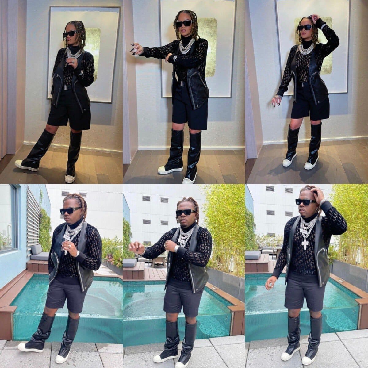 Rihanna wearing a black mesh top, leather vest and tall boots copying rapper Gunna's outfit for Halloween 2021