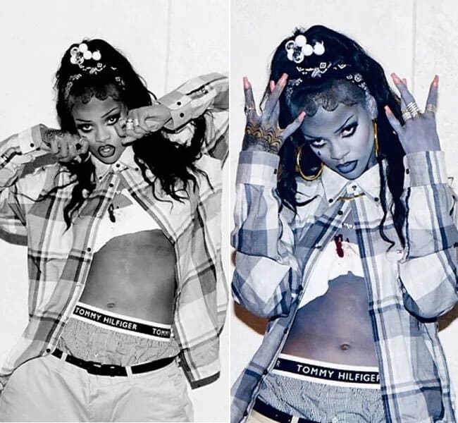 Rihanna in a plaid flannel shirt and bandana for her 2013 zombie chola gang Halloween photo shoot