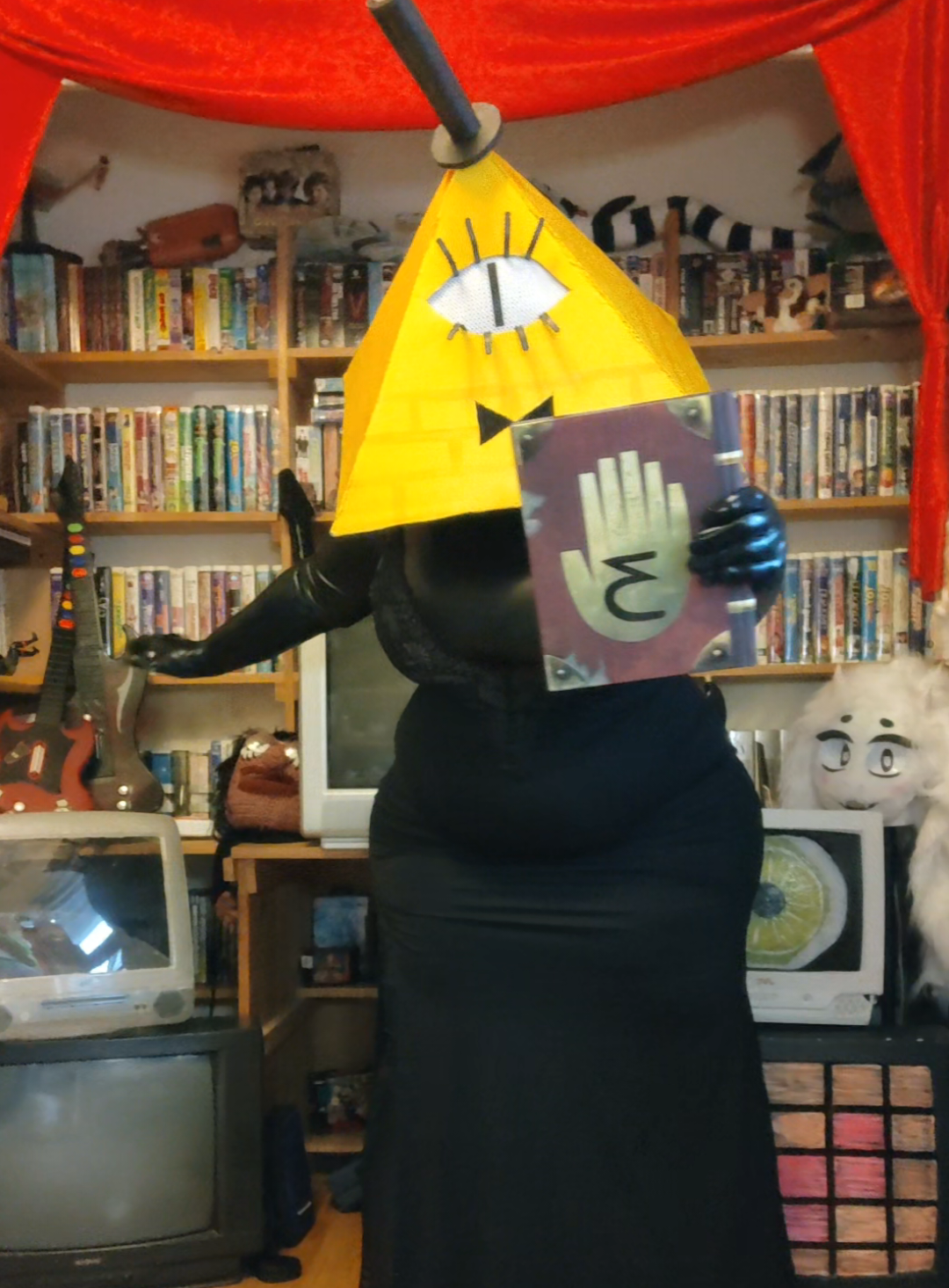 showing off my costumes until @bbno$ leaves a comment! Bill cipher head made by me (Stanford pines is also me lol)
