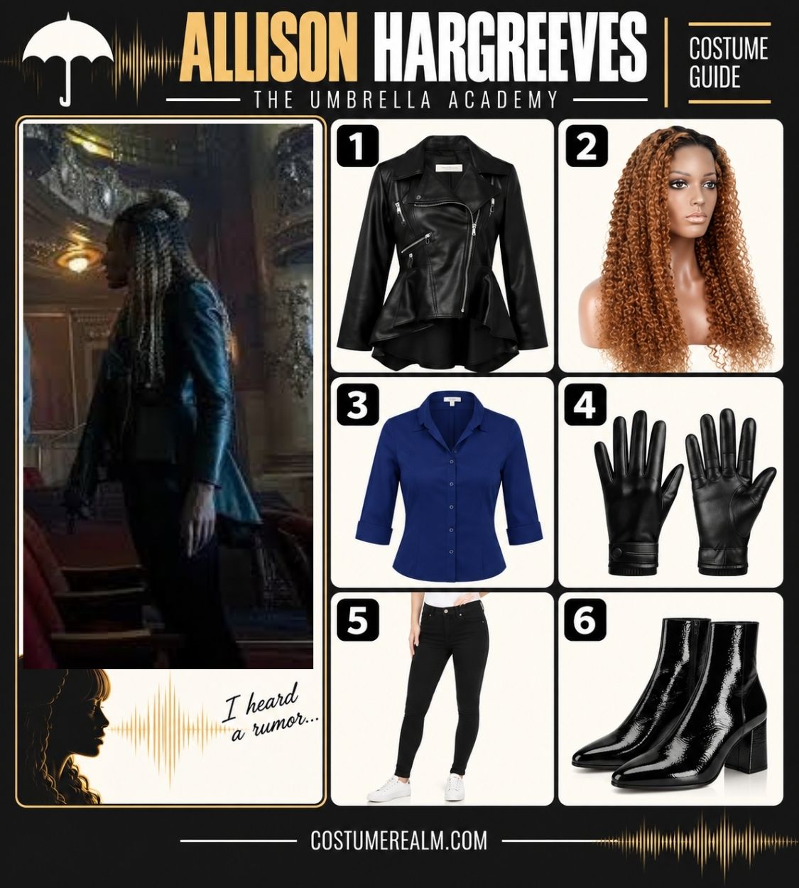 Allison Hargreeves Halloween costume infographic from The Umbrella Academy showing black asymmetric leather biker jacket, brown curly wig, blue classic blouse, black leather gloves, black fitted jeans, and black patent ankle boots