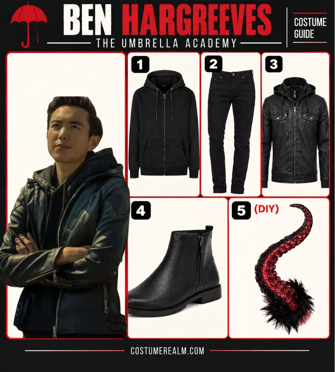 Ben Hargreeves costume guide infographic from The Umbrella Academy showing black hoodie, black jeans, black leather jacket, Chelsea boots and DIY tentacles
