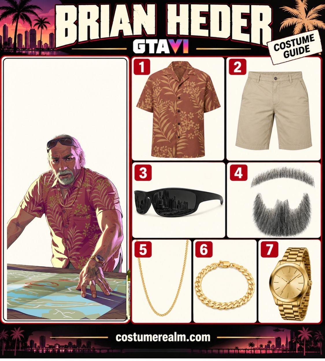Brian Heder from GTA 6 Halloween costume infographic showing a red Hawaiian shirt, khaki chino shorts, black sport sunglasses, gray goatee and mustache set, gold chain necklace, gold bracelet and gold analog watch