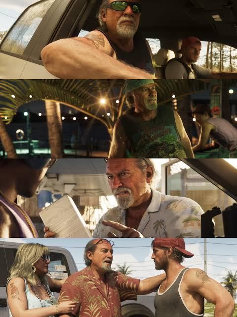 Collage of GTA 6 game stills showing Brian Heder in his red Hawaiian shirt, used as a reference for the Halloween costume