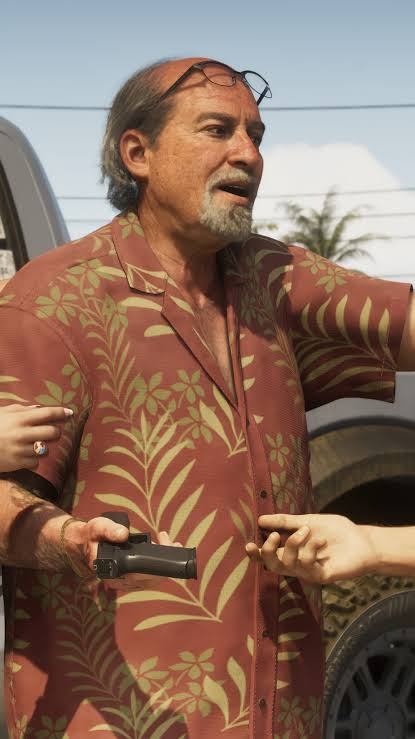 Close reference image of Brian Heder's red Hawaiian shirt with tan palm leaves from GTA 6, for the Halloween costume