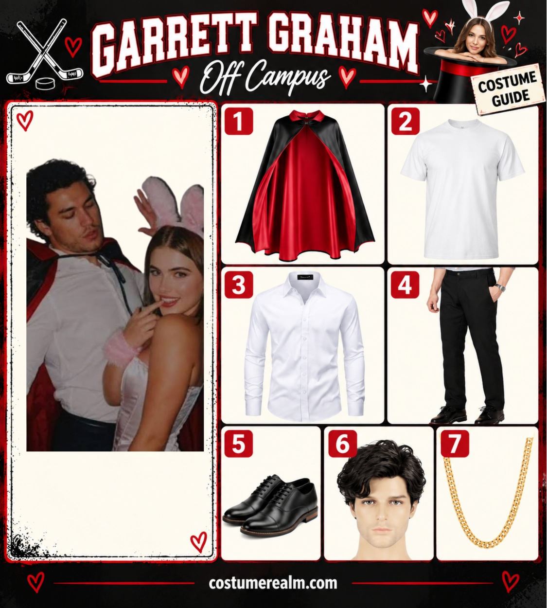 Garrett Graham from Off Campus Halloween costume infographic showing a reversible satin magician cape, white t-shirt, white dress shirt, black dress pants, black dress shoes, short dark wavy wig, and gold chain necklace