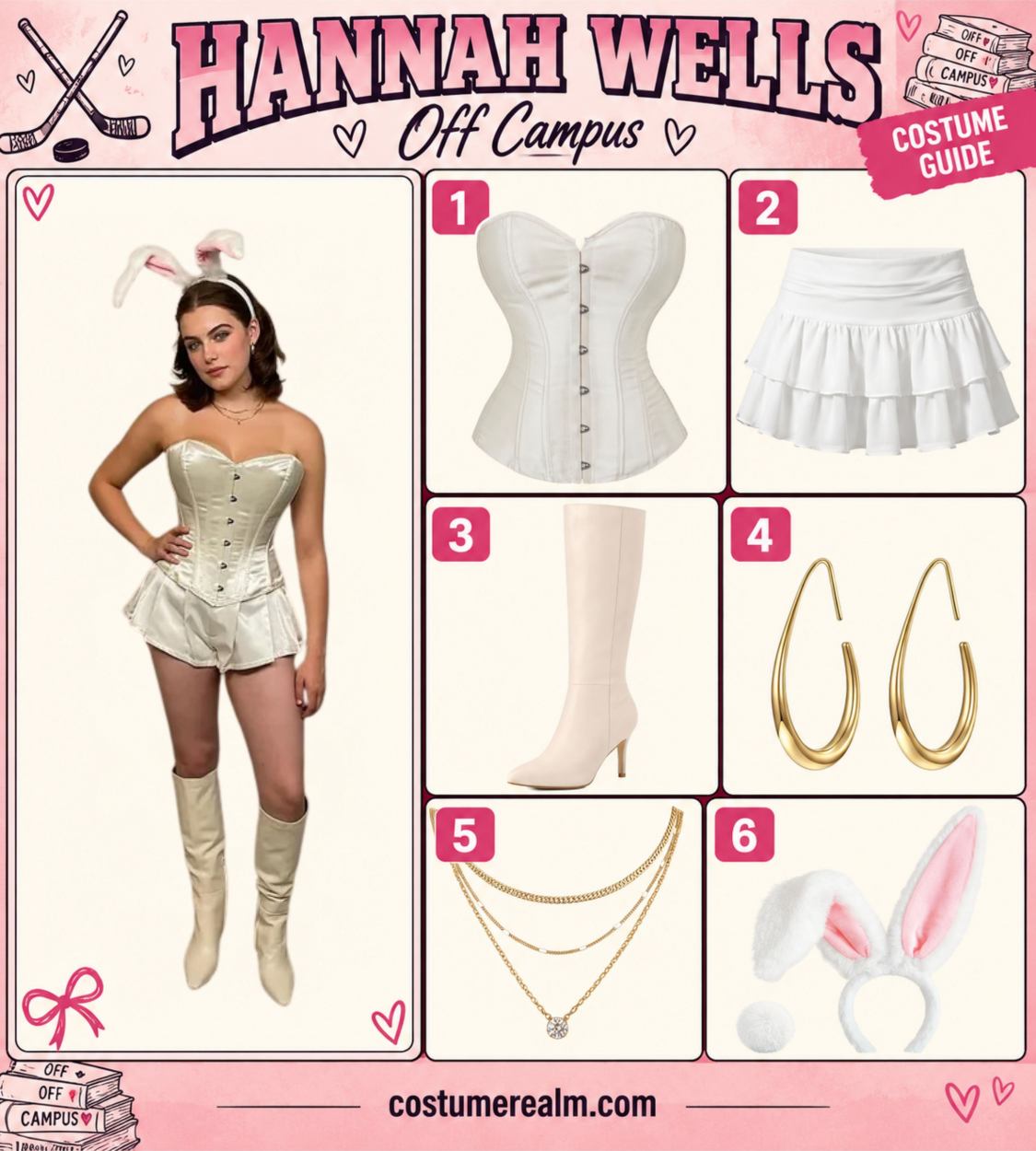 Hannah Wells from Off Campus Halloween costume infographic showing a white satin corset, white ruffle mini skirt, knee-high heel boots, gold teardrop hoop earrings, layered gold necklace, and bunny ears