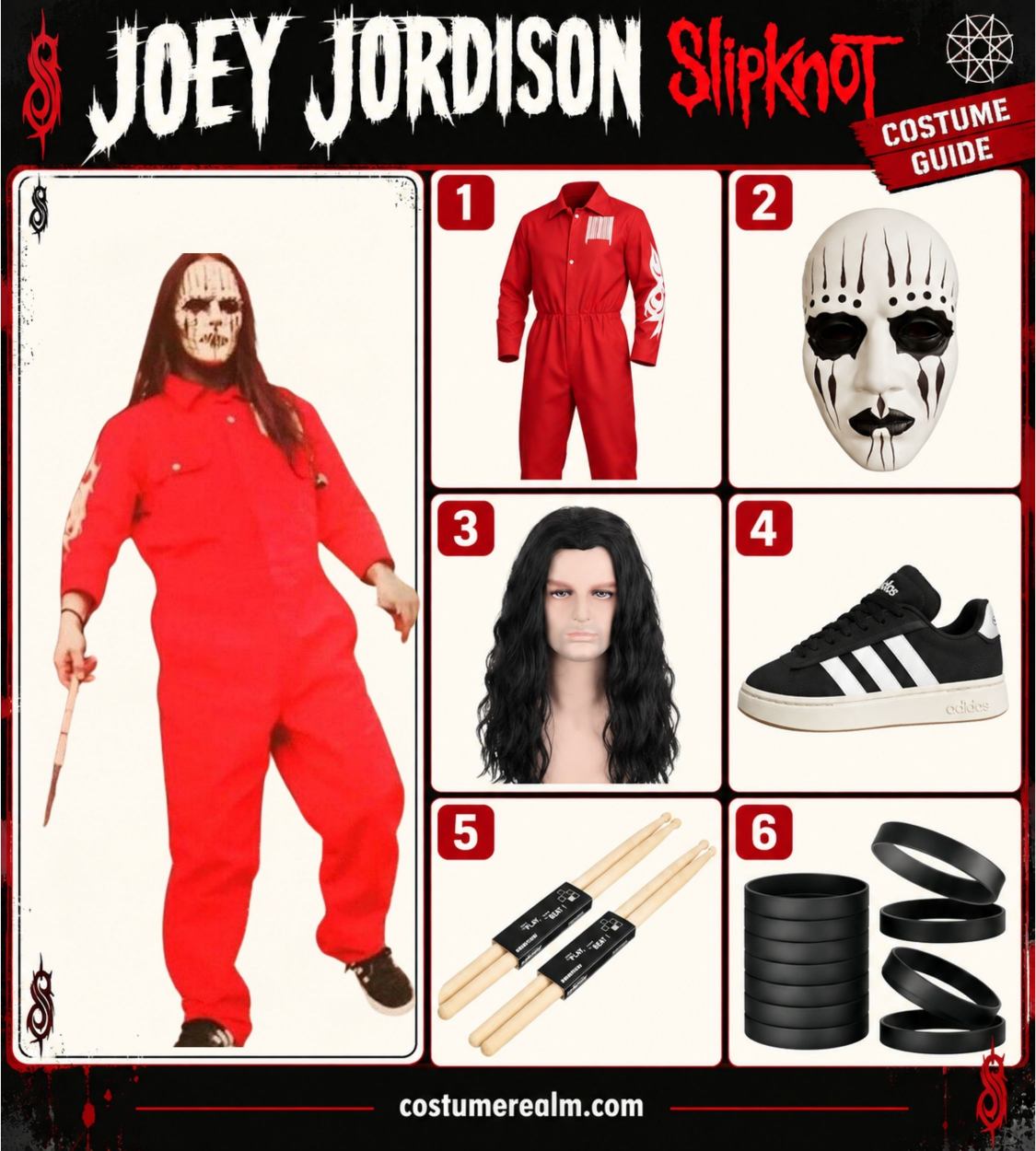Joey Jordison from Slipknot Halloween costume infographic showing a red coverall, white kabuki-style mask, long black wig, black and white Adidas sneakers, wooden drumsticks, and black rubber wristbands
