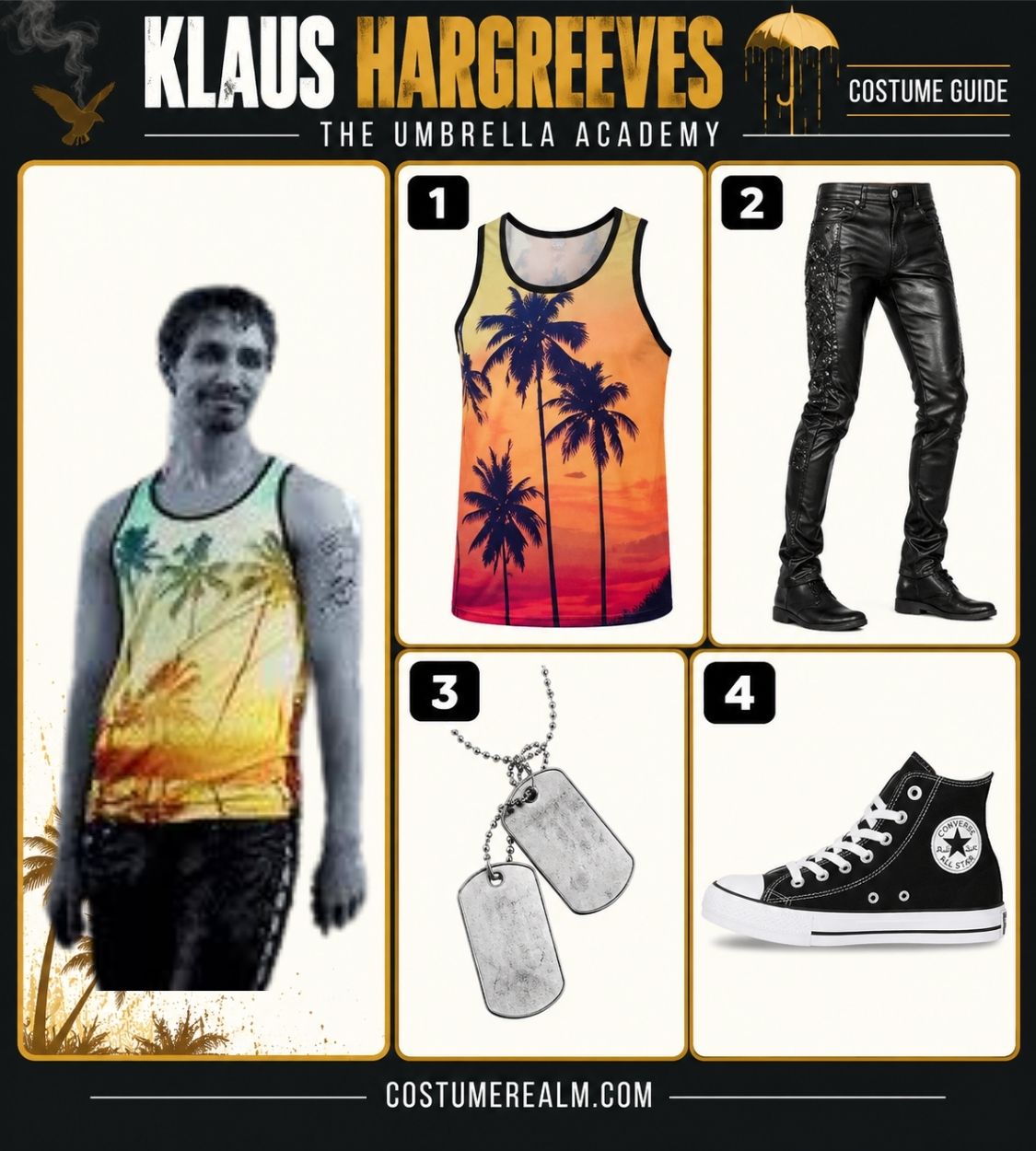 Klaus Hargreeves palm tree tank top costume guide from The Umbrella Academy showing sunset tank top, black leather steampunk pants, military dog tags, and black Converse high tops