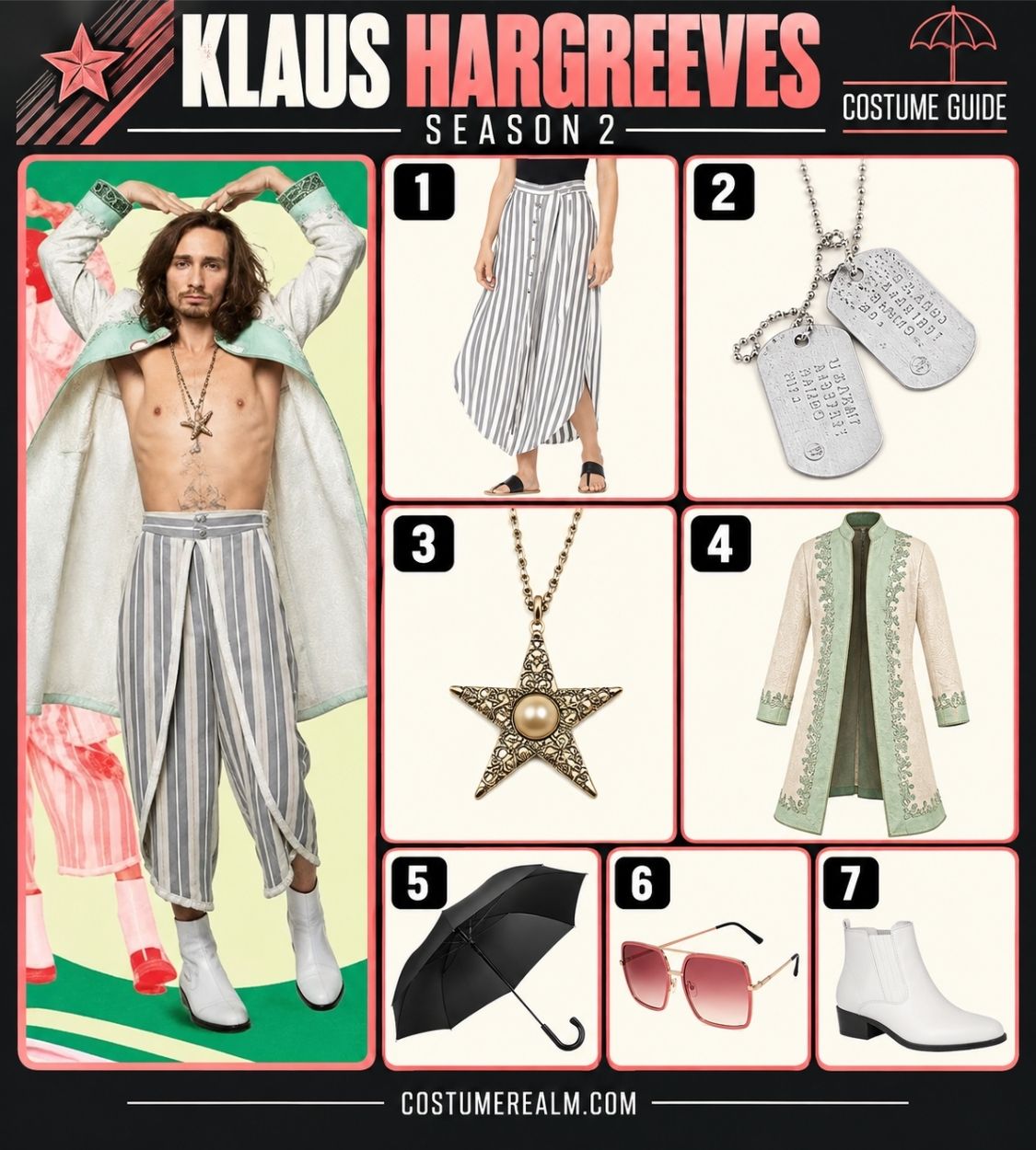 Klaus Hargreeves Season 2 cult leader costume from The Umbrella Academy showing striped midi skirt, open white jacket, starfish necklace, dog tags, hexagon sunglasses and white ankle boots