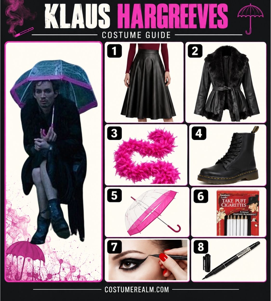 Klaus Hargreeves pink umbrella costume from The Umbrella Academy showing shearling coat, black leather skirt, clear pink-trimmed umbrella, black boots, feather boa and dramatic eye makeup