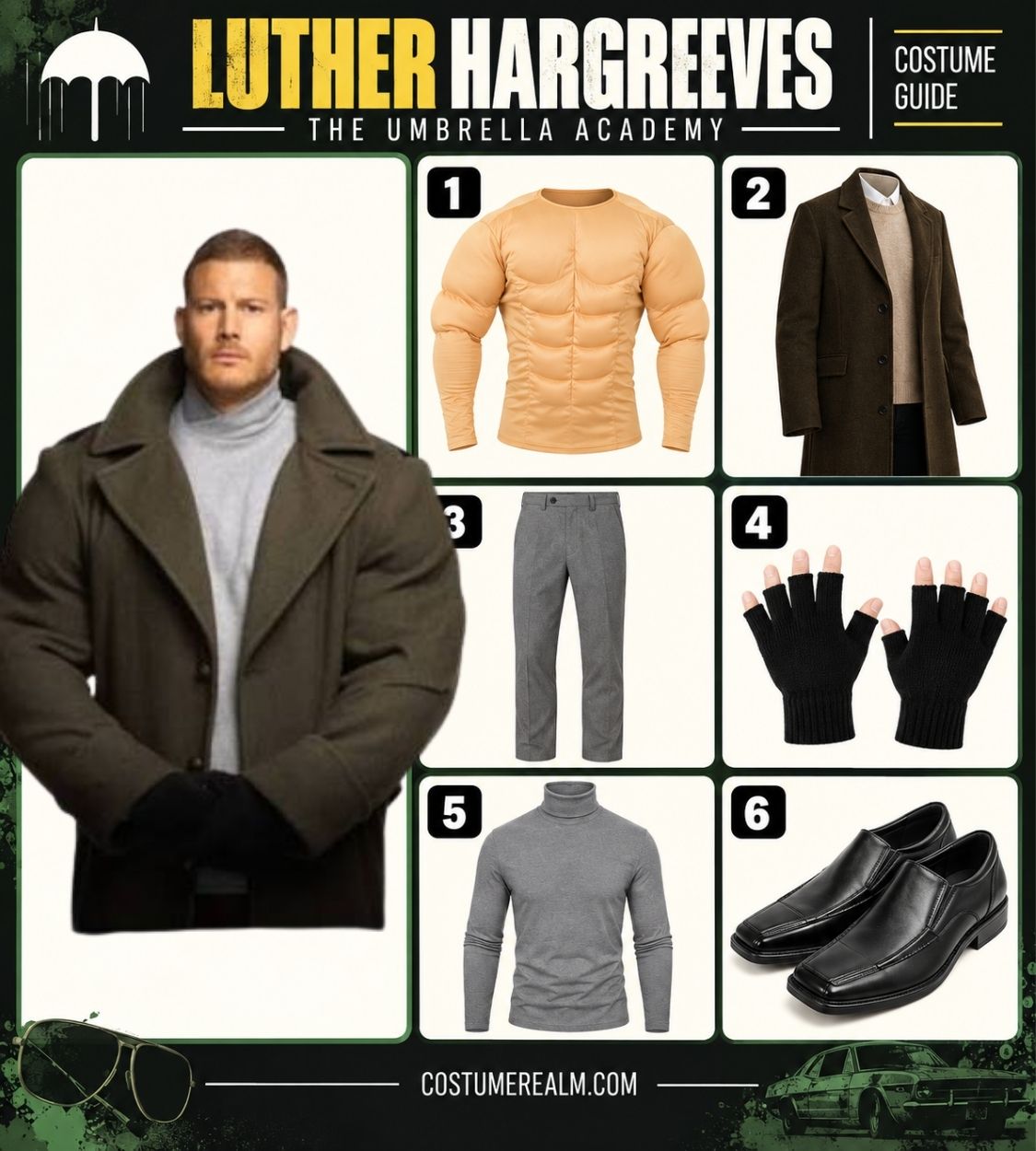 Luther Hargreeves Halloween costume infographic from The Umbrella Academy showing muscle suit, military green overcoat, tactical cargo trousers, fingerless gloves, grey turtleneck pullover, and black dress shoes