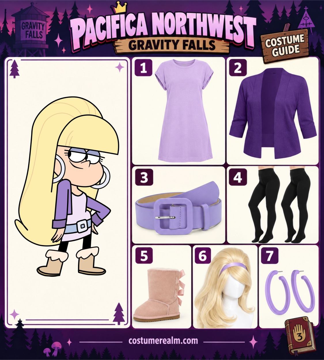 Pacifica Northwest from Gravity Falls Halloween costume infographic showing lilac tunic dress, dark purple cardigan, lavender hip belt, black tights, pink suede boots, blonde wig, and purple hoop earrings